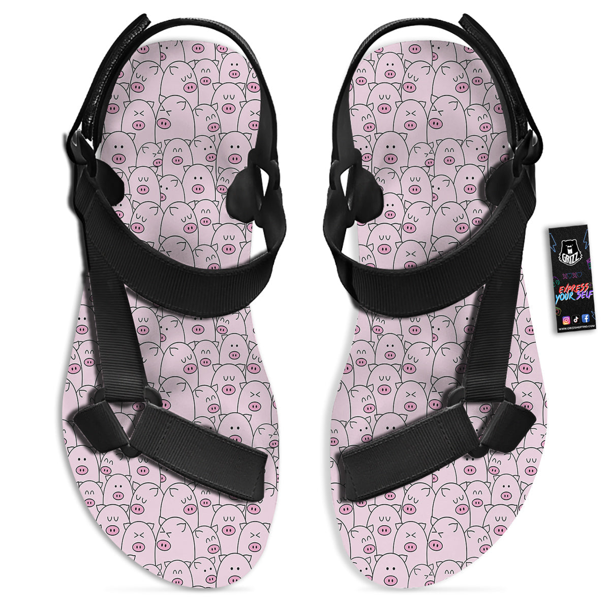Pig Cute Pink Print Pattern Black Open Toe Sandals-grizzshop