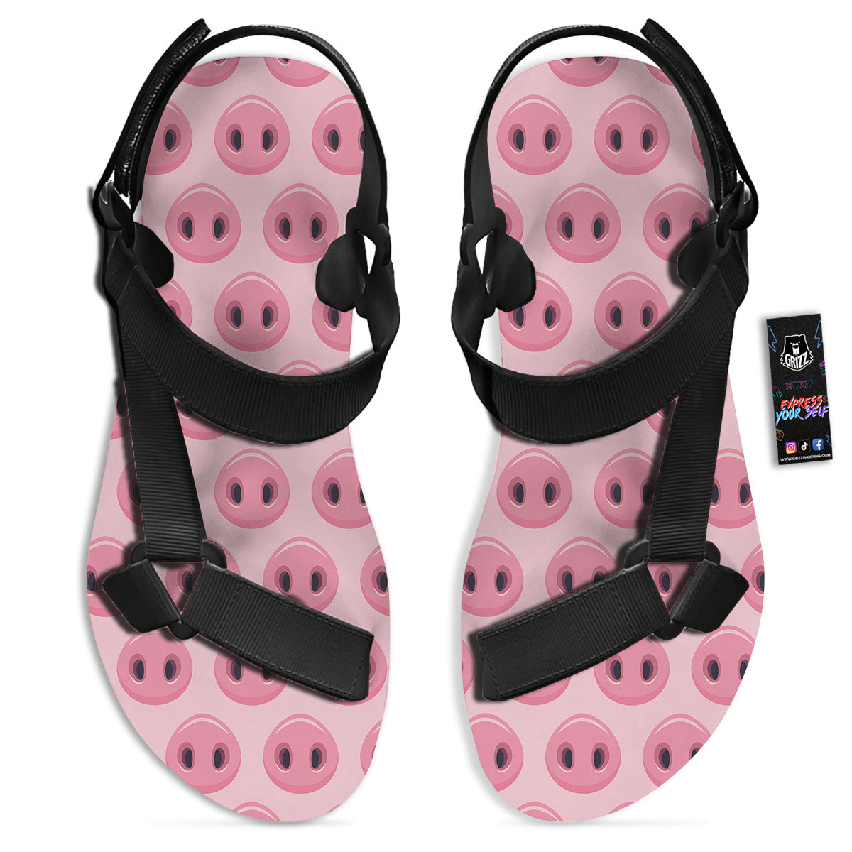Pig Nose Pink Print Pattern Black Open Toe Sandals-grizzshop
