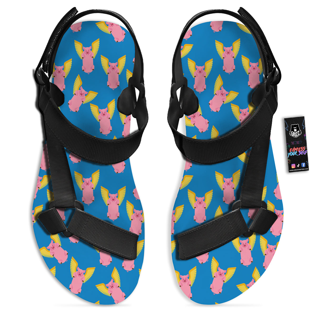 Pig Pink Vintage Print Pattern Black Open Toe Sandals-grizzshop