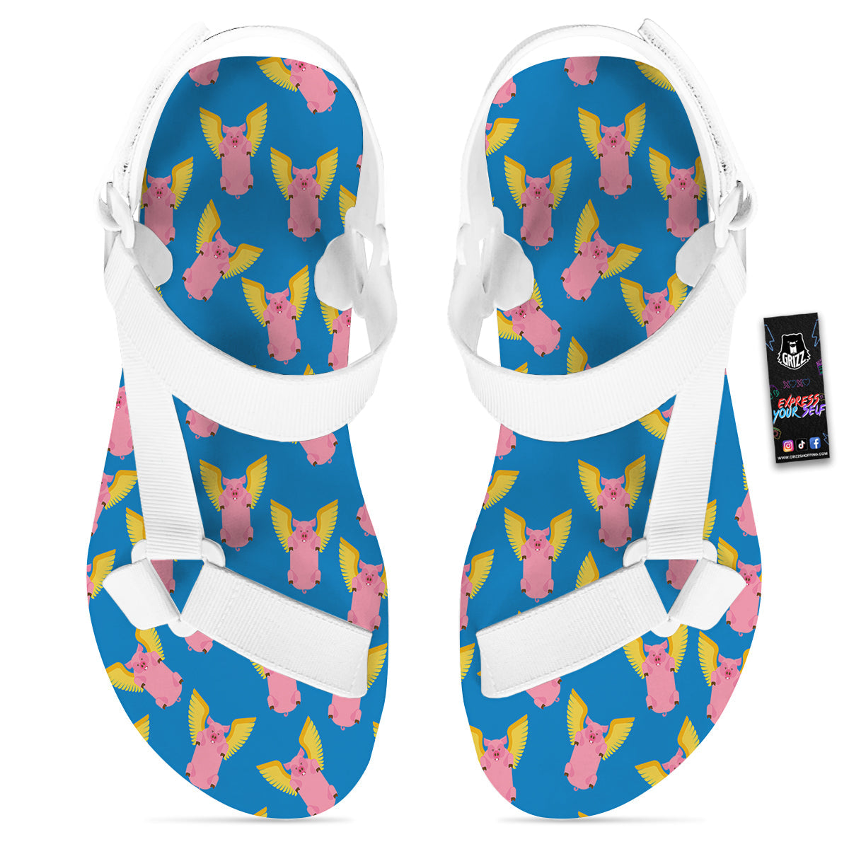 Pig Pink Vintage Print Pattern White Open Toe Sandals-grizzshop