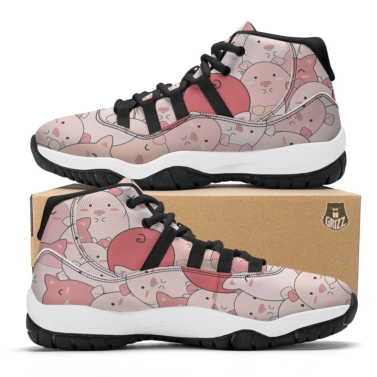 Pig Tail Pink Print Black Bball Shoes-grizzshop