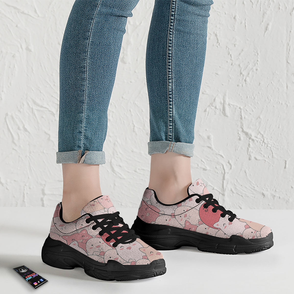 Pig Tail Pink Print Black Chunky Shoes-grizzshop
