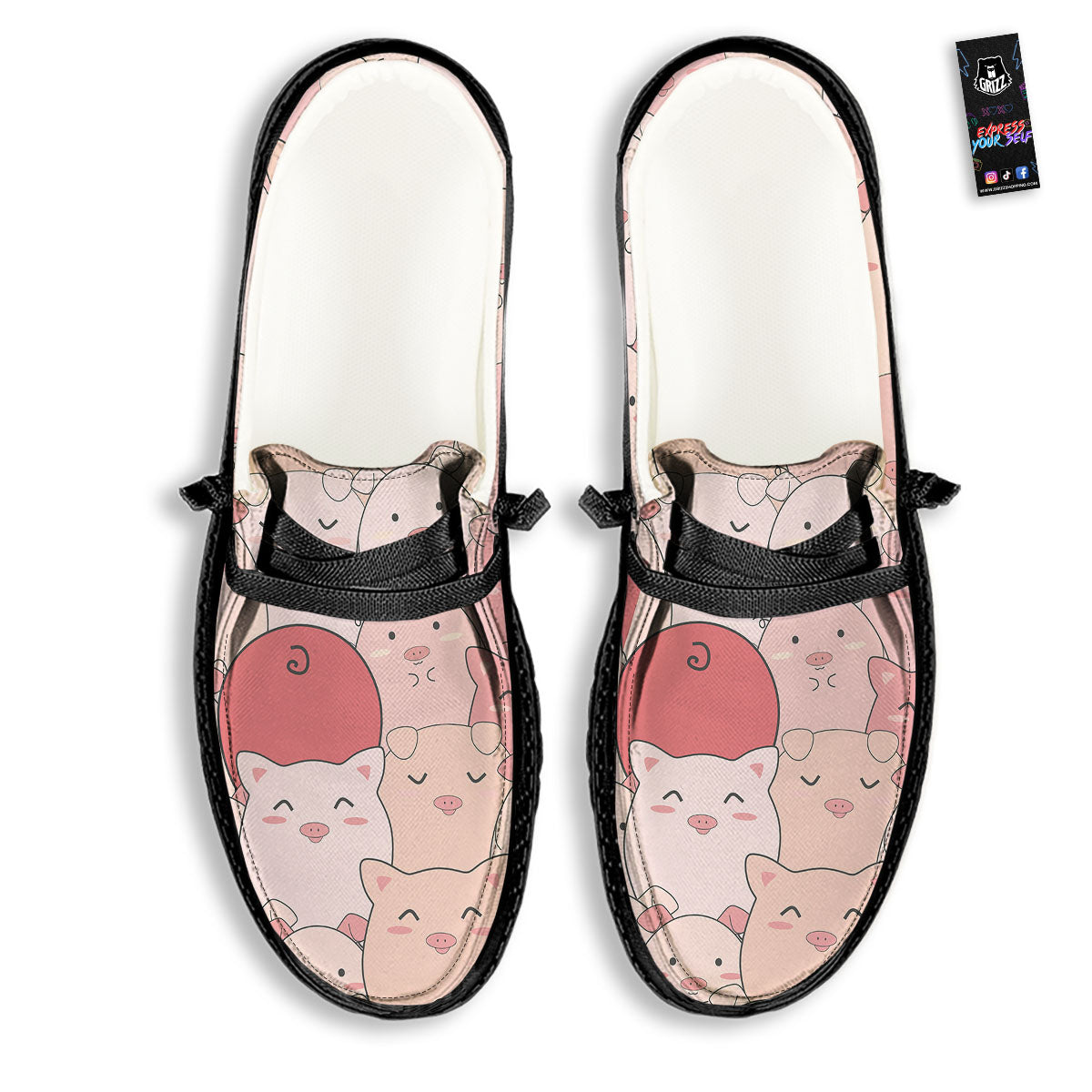 Pig Tail Pink Print Black Loafers-grizzshop