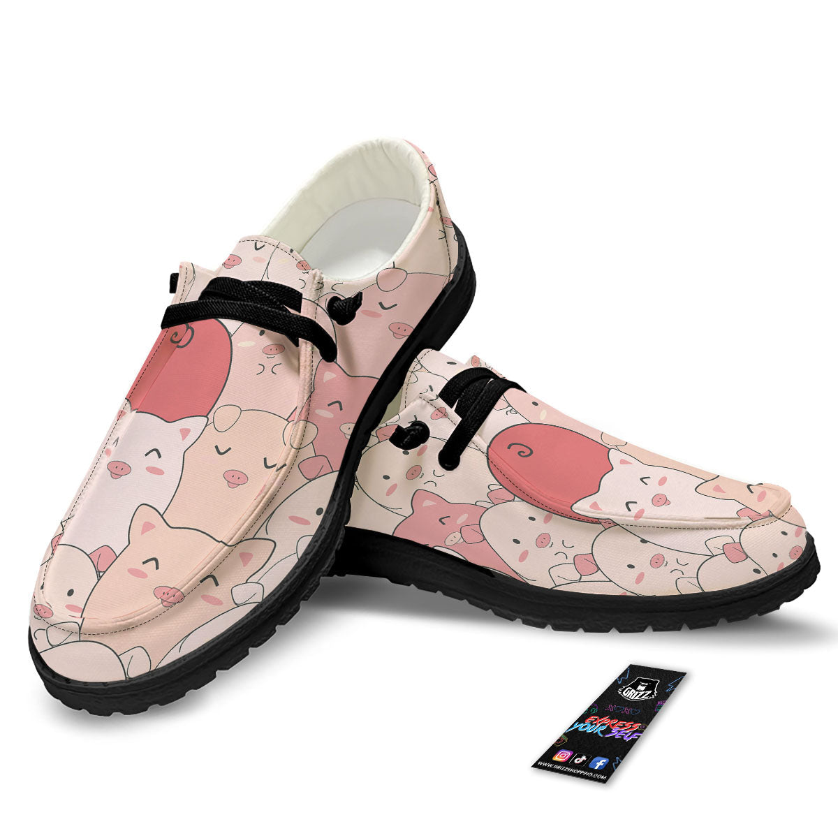 Pig Tail Pink Print Black Loafers-grizzshop