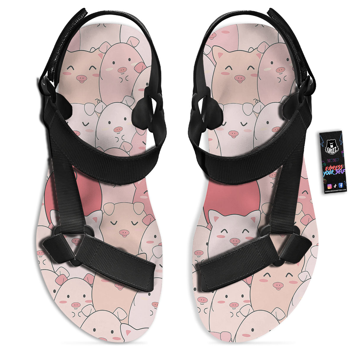 Pig Tail Pink Print Black Open Toe Sandals-grizzshop