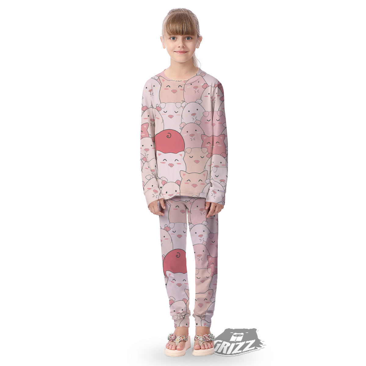 Pig Tail Pink Print Kid's Pajamas-grizzshop