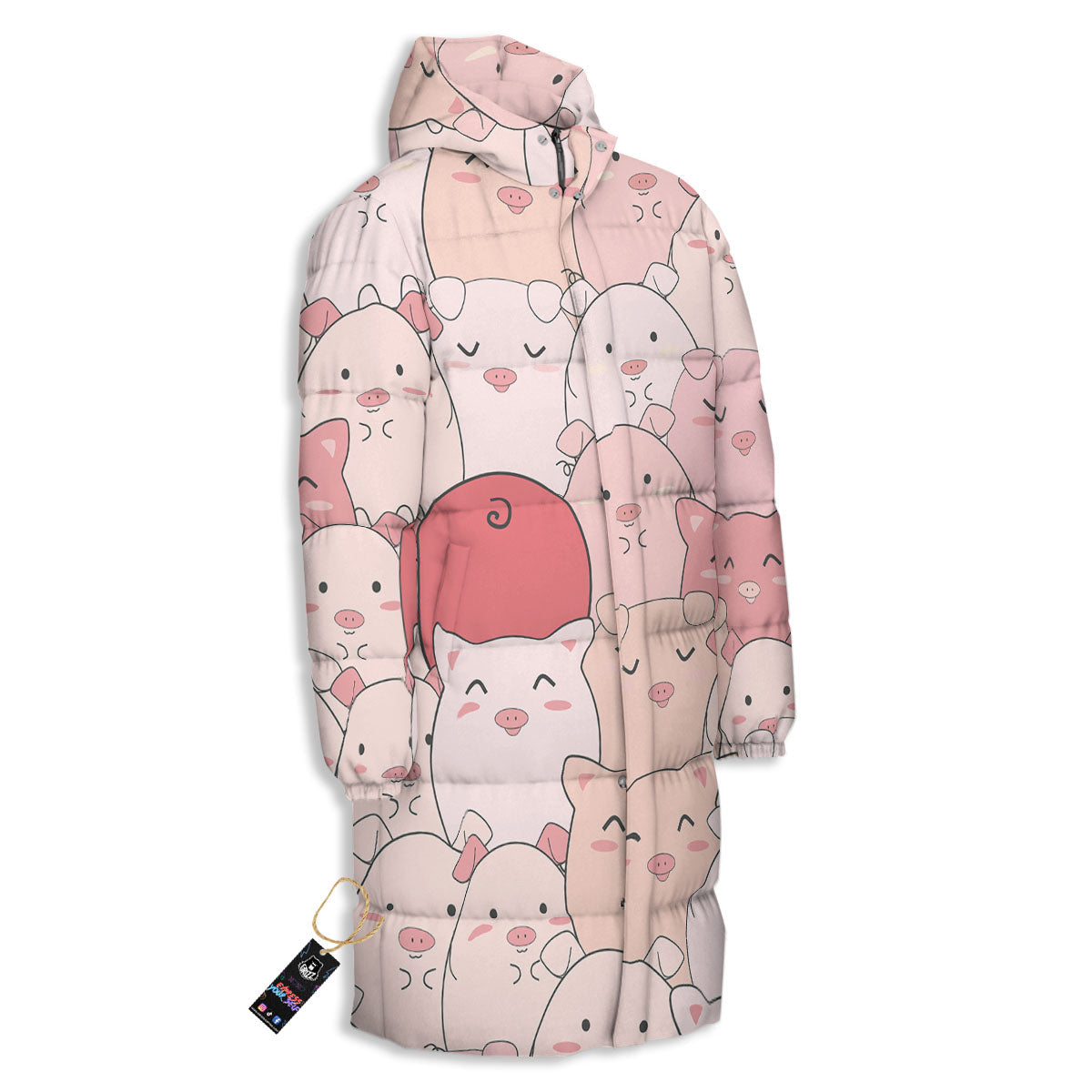 Pig Tail Pink Print Long Down Jacket-grizzshop