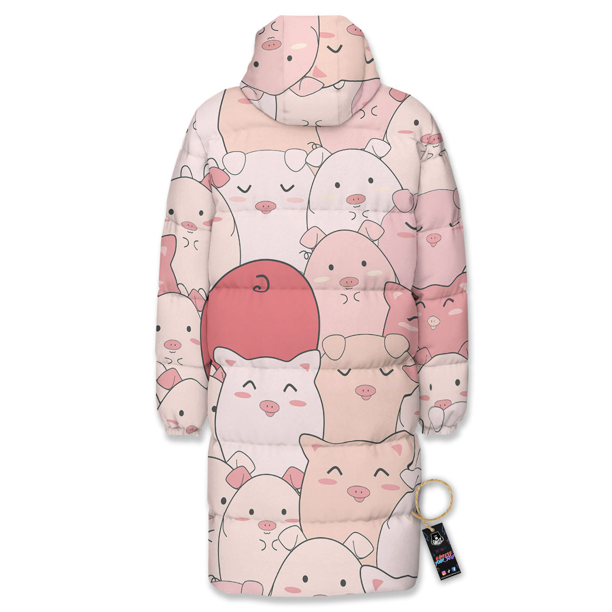 Pig Tail Pink Print Long Down Jacket-grizzshop