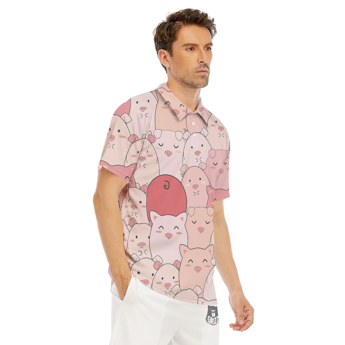 Pig Tail Pink Print Men's Golf Shirts-grizzshop