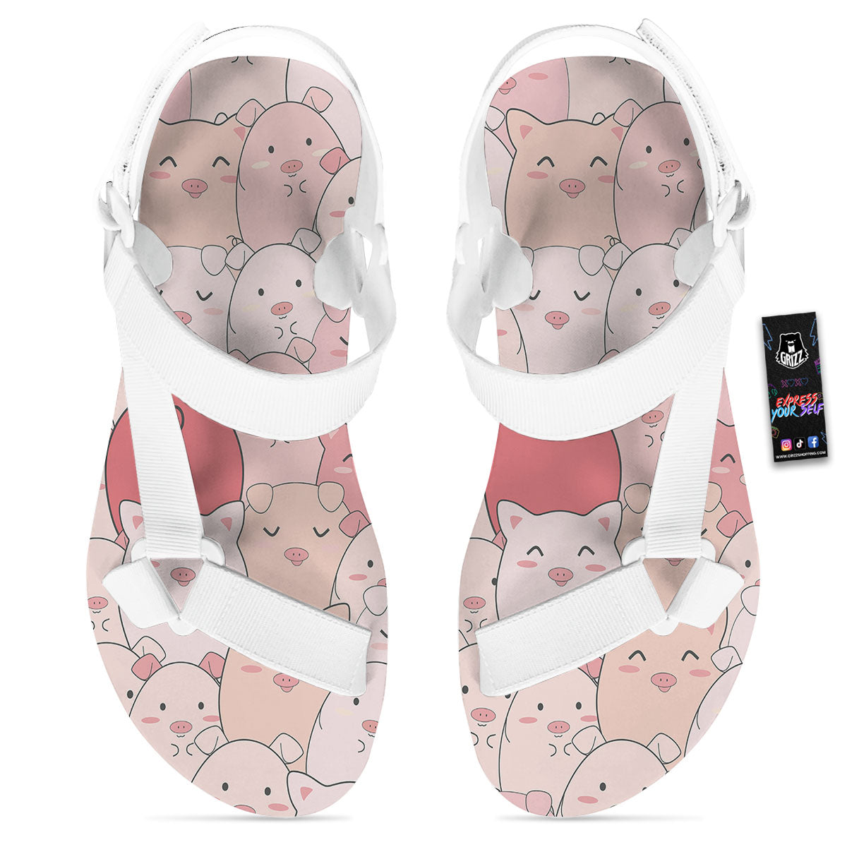 Pig Tail Pink Print White Open Toe Sandals-grizzshop