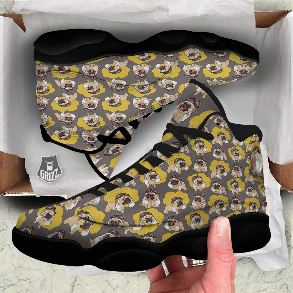 Pilot Pug Print Pattern Black Basketball Shoes-grizzshop