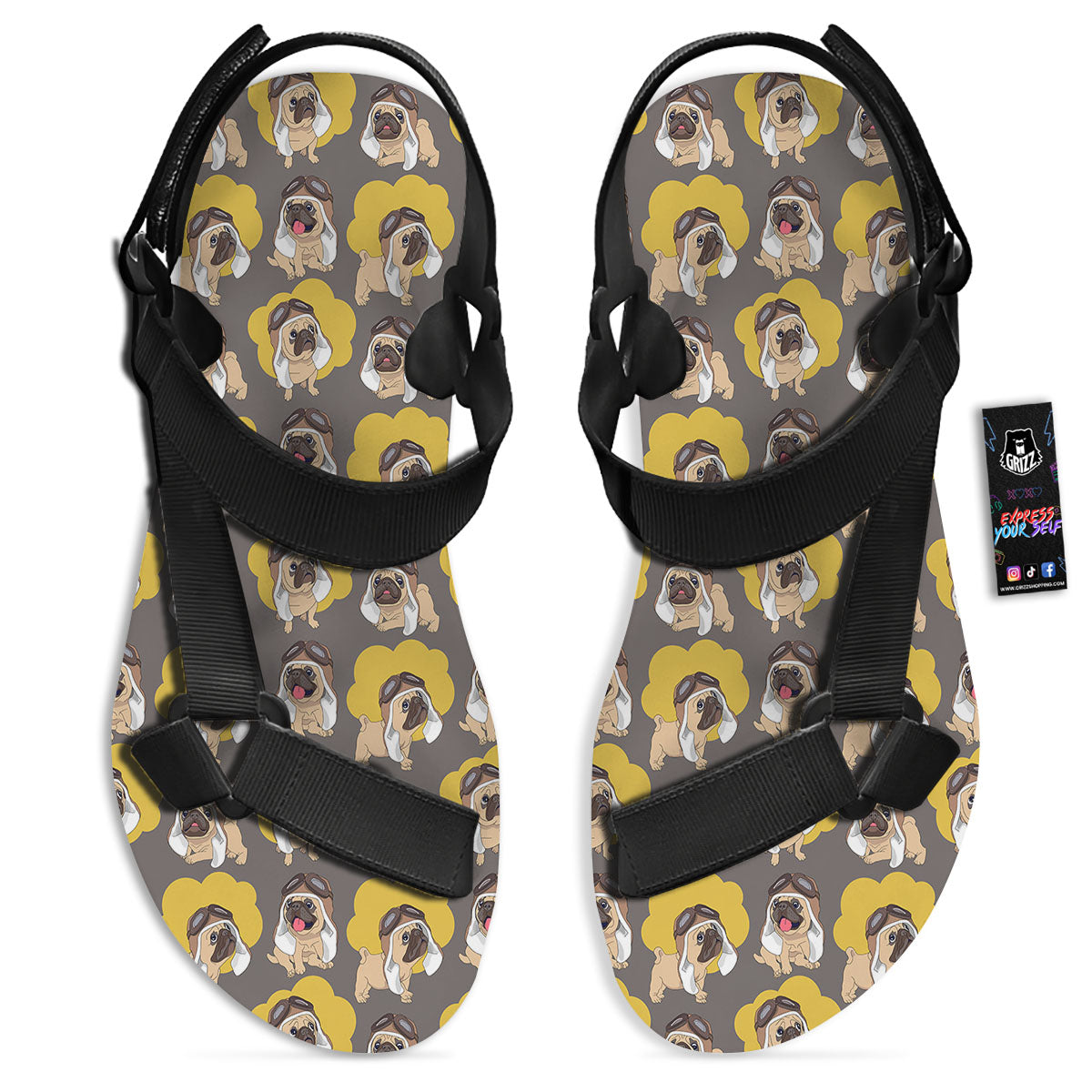 Pilot Pug Print Pattern Black Open Toe Sandals-grizzshop