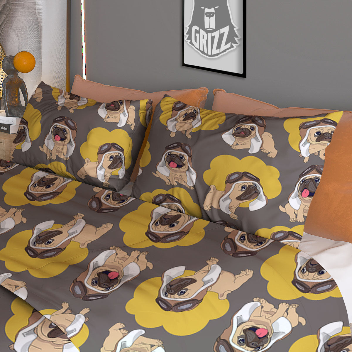 Pilot Pug Print Pattern Duvet Cover Bedding Set