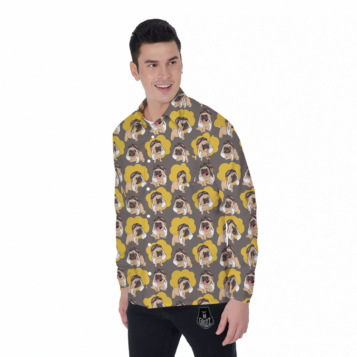 Pilot Pug Print Pattern Men's Long Sleeve Shirts-grizzshop