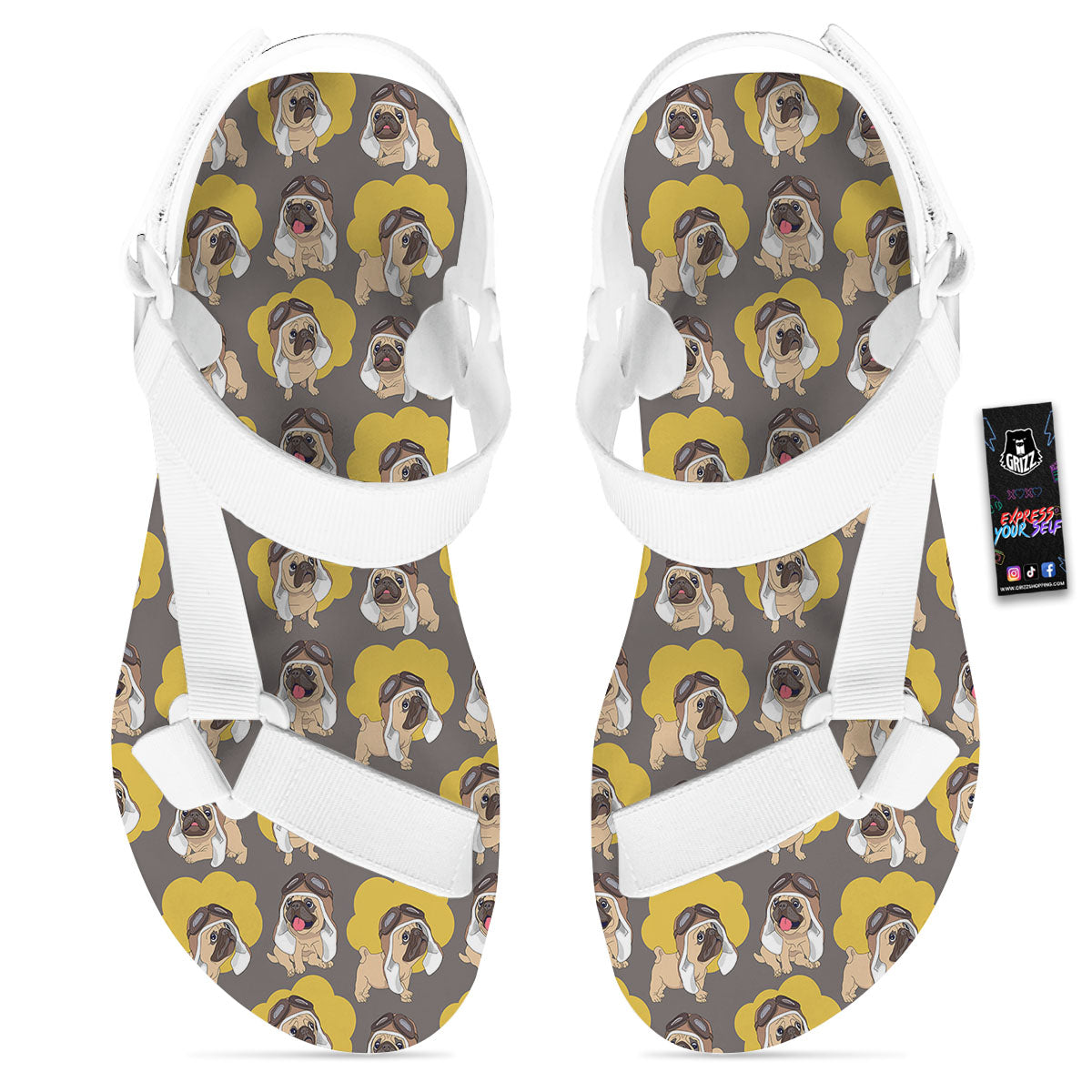 Pilot Pug Print Pattern White Open Toe Sandals-grizzshop