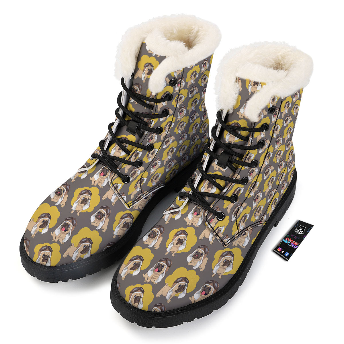 Pilot Pug Print Pattern Winter Boots-grizzshop