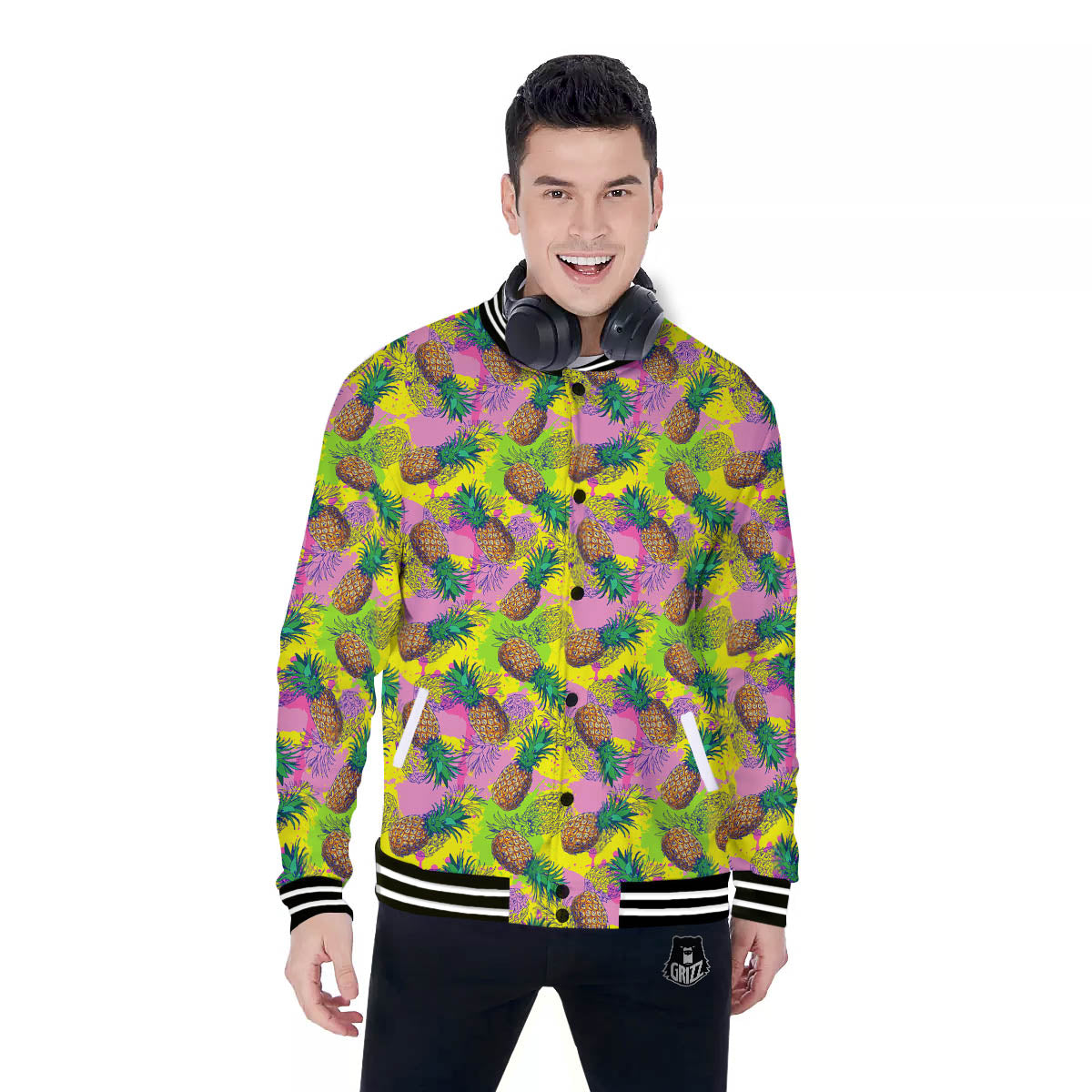 Pineapple Aloha Colorful Print Pattern Baseball Jacket-grizzshop