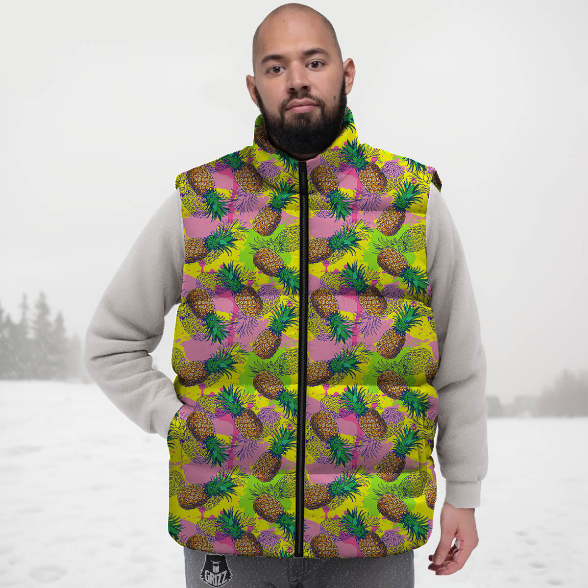 Pineapple Aloha Colorful Print Pattern Down Vest-grizzshop