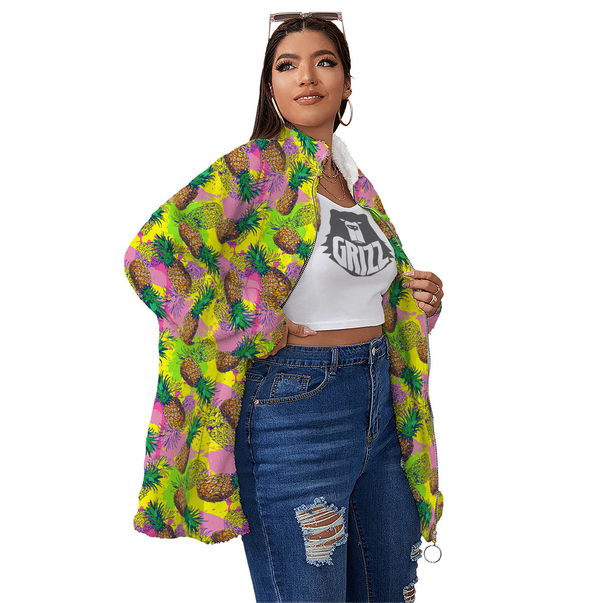 Pineapple Aloha Colorful Print Pattern Women's Sherpa Jacket-grizzshop