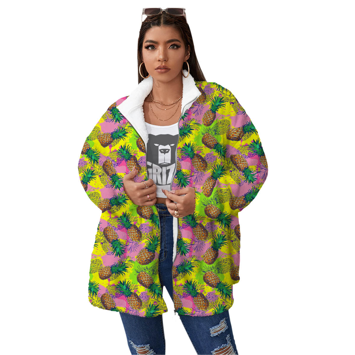 Pineapple Aloha Colorful Print Pattern Women's Sherpa Jacket-grizzshop
