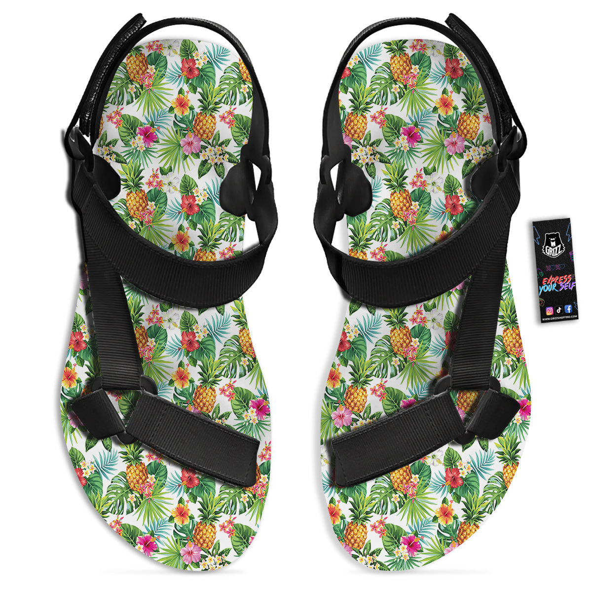 Pineapple Aloha Hawaiian Print Pattern Black Open Toe Sandals-grizzshop