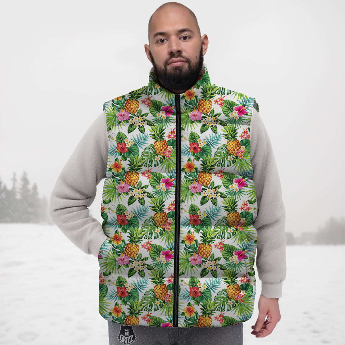 Pineapple Aloha Hawaiian Print Pattern Down Vest-grizzshop