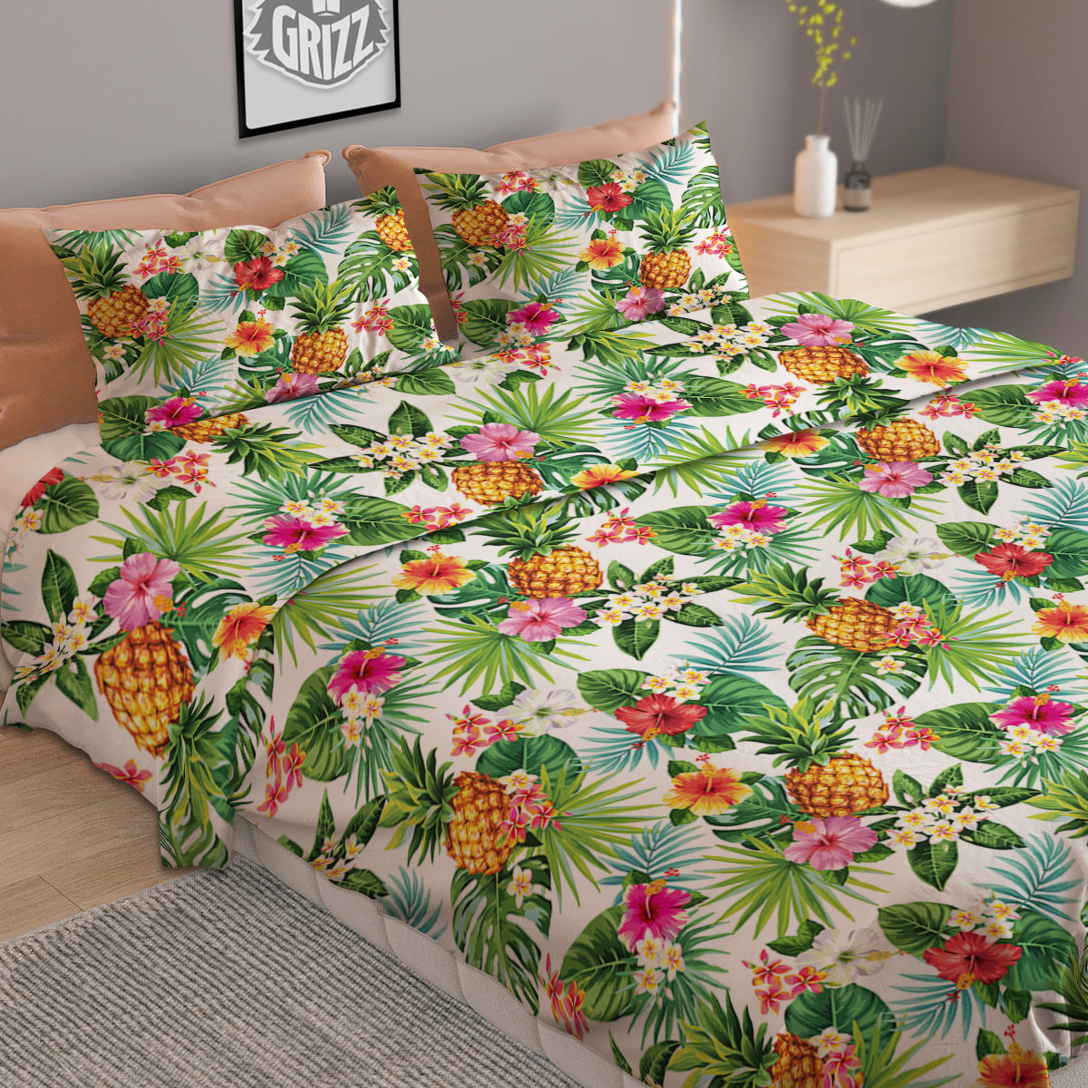 Pineapple Aloha Hawaiian Print Pattern Duvet Cover Bedding Set