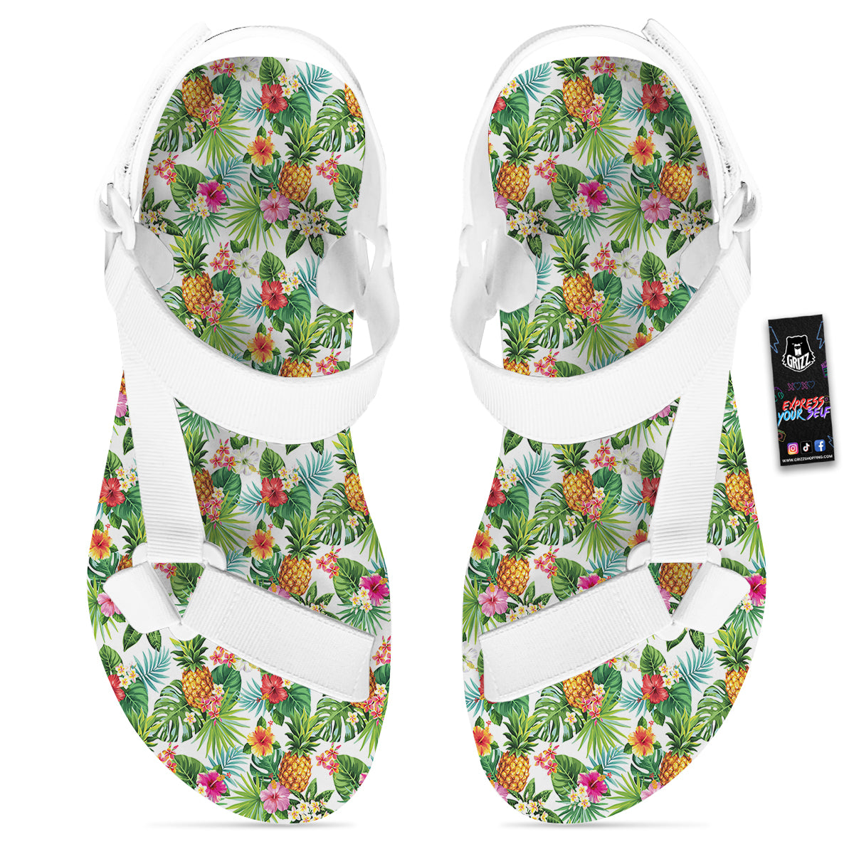 Pineapple Aloha Hawaiian Print Pattern White Open Toe Sandals-grizzshop