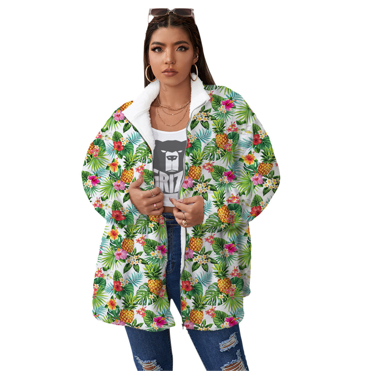 Pineapple Aloha Hawaiian Print Pattern Women's Sherpa Jacket-grizzshop