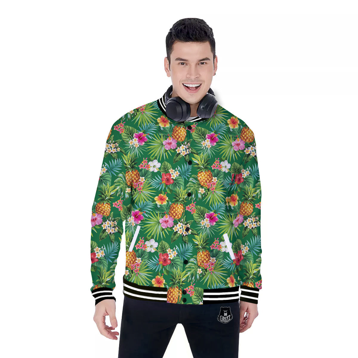 Pineapple Aloha Hibiscus Print Pattern Baseball Jacket-grizzshop