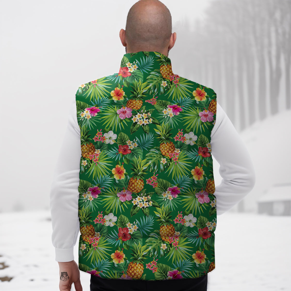 Pineapple Aloha Hibiscus Print Pattern Down Vest-grizzshop