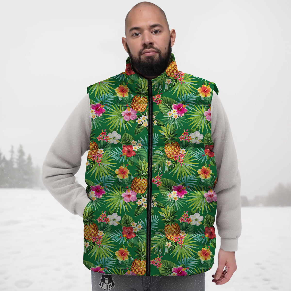 Pineapple Aloha Hibiscus Print Pattern Down Vest-grizzshop
