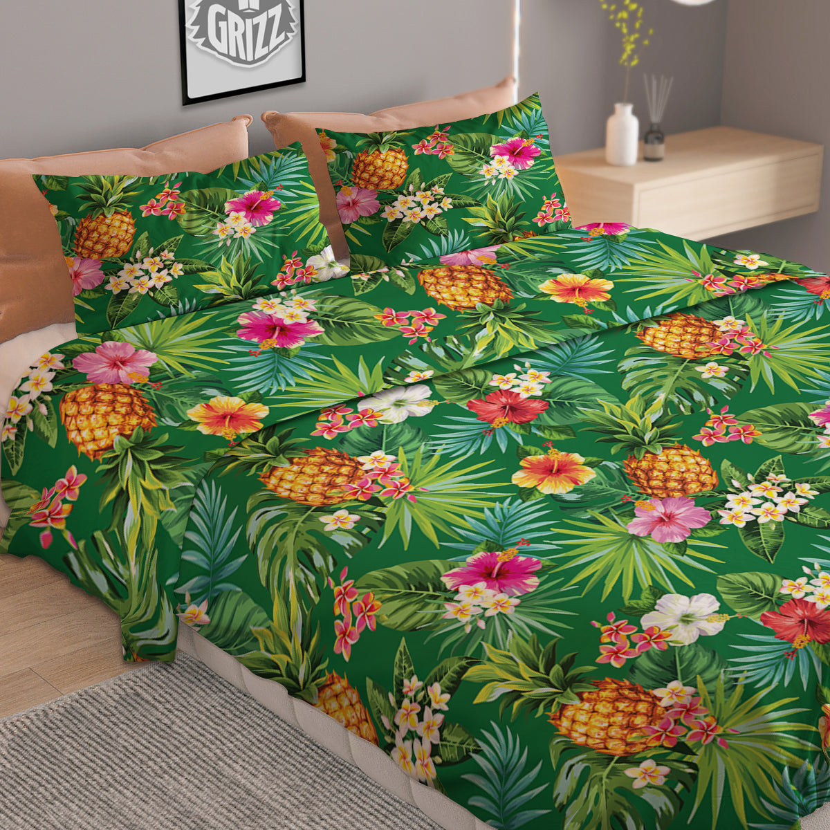 Pineapple Aloha Hibiscus Print Pattern Duvet Cover Bedding Set