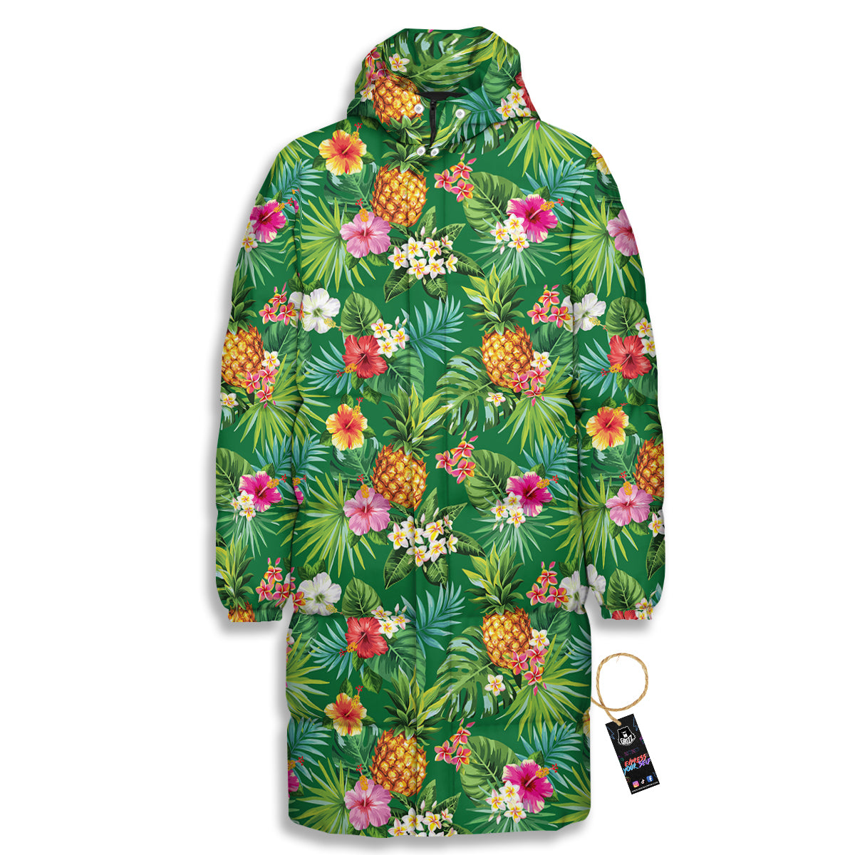 Pineapple Aloha Hibiscus Print Pattern Long Down Jacket-grizzshop
