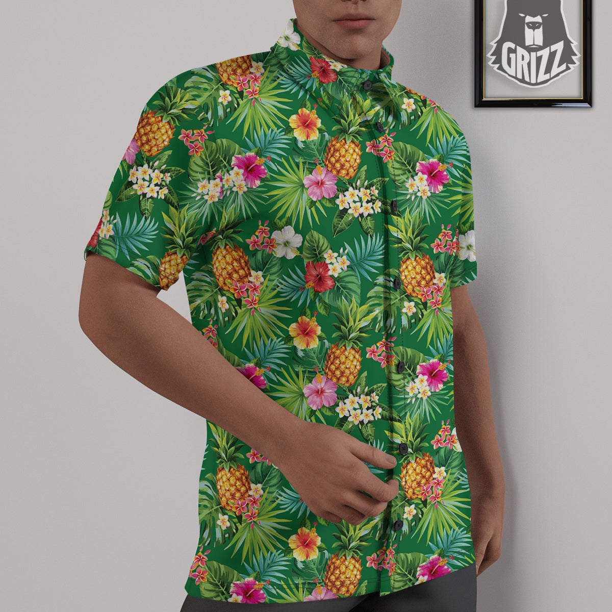 Pineapple Aloha Hibiscus Print Pattern Untucked Shirts-grizzshop