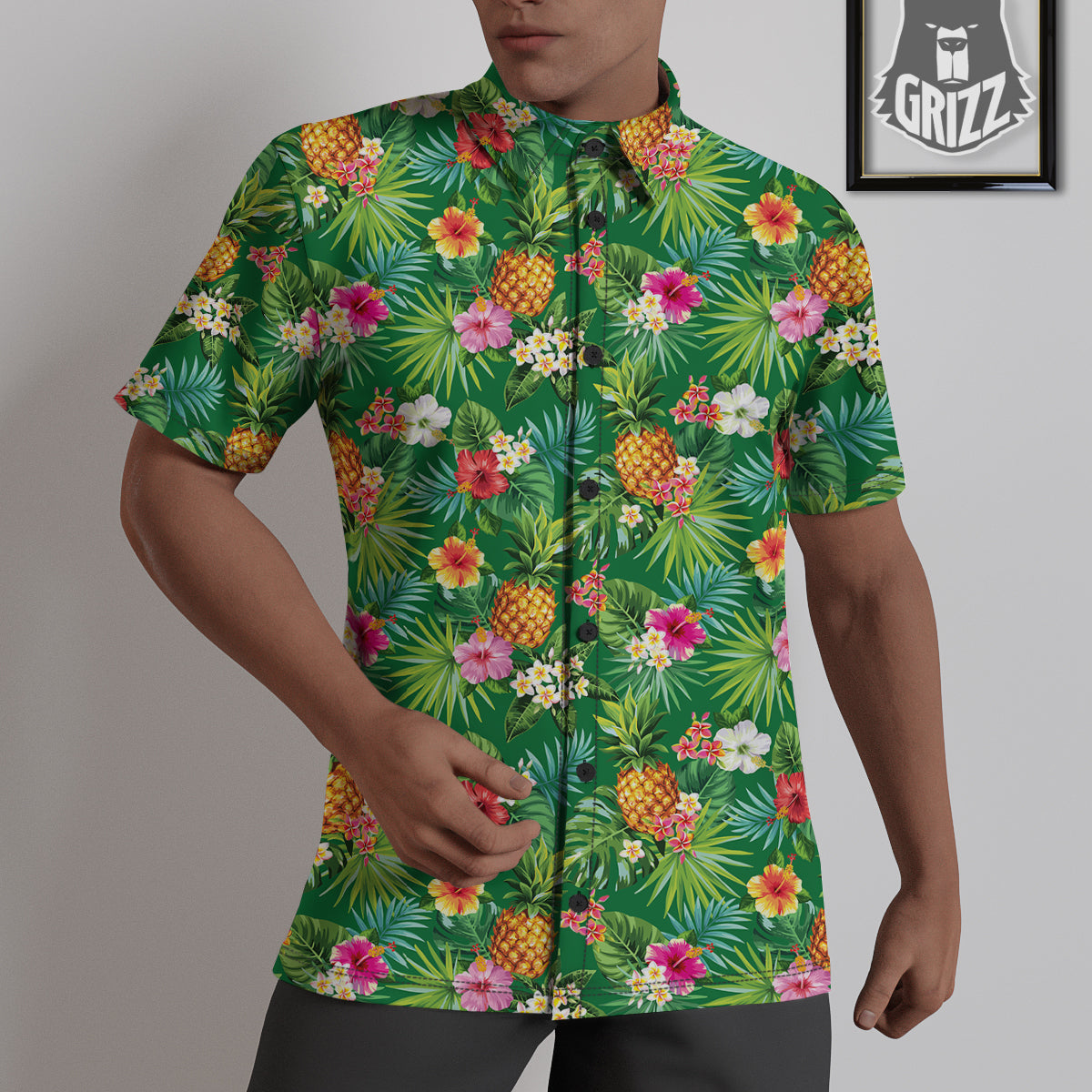 Pineapple Aloha Hibiscus Print Pattern Untucked Shirts-grizzshop