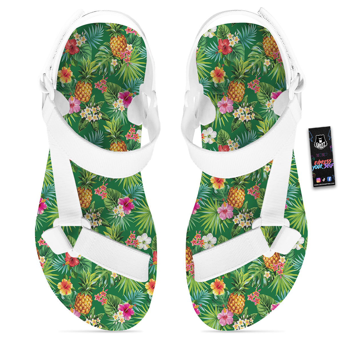 Pineapple Aloha Hibiscus Print Pattern White Open Toe Sandals-grizzshop