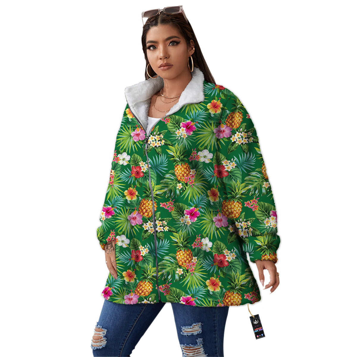 Pineapple Aloha Hibiscus Print Pattern Women's Sherpa Jacket-grizzshop