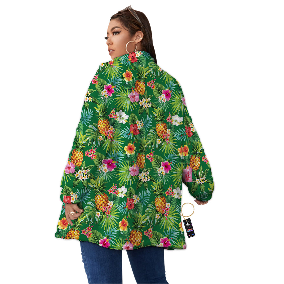 Pineapple Aloha Hibiscus Print Pattern Women's Sherpa Jacket-grizzshop
