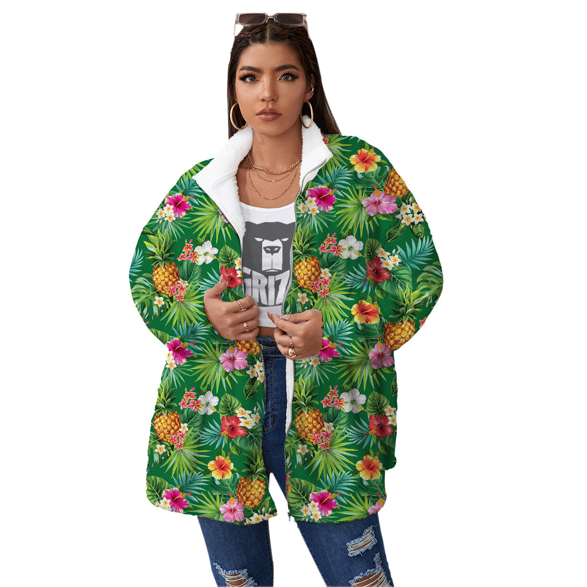 Pineapple Aloha Hibiscus Print Pattern Women's Sherpa Jacket-grizzshop