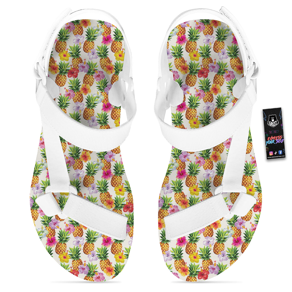 Pineapple Aloha Summer Print Pattern White Open Toe Sandals-grizzshop