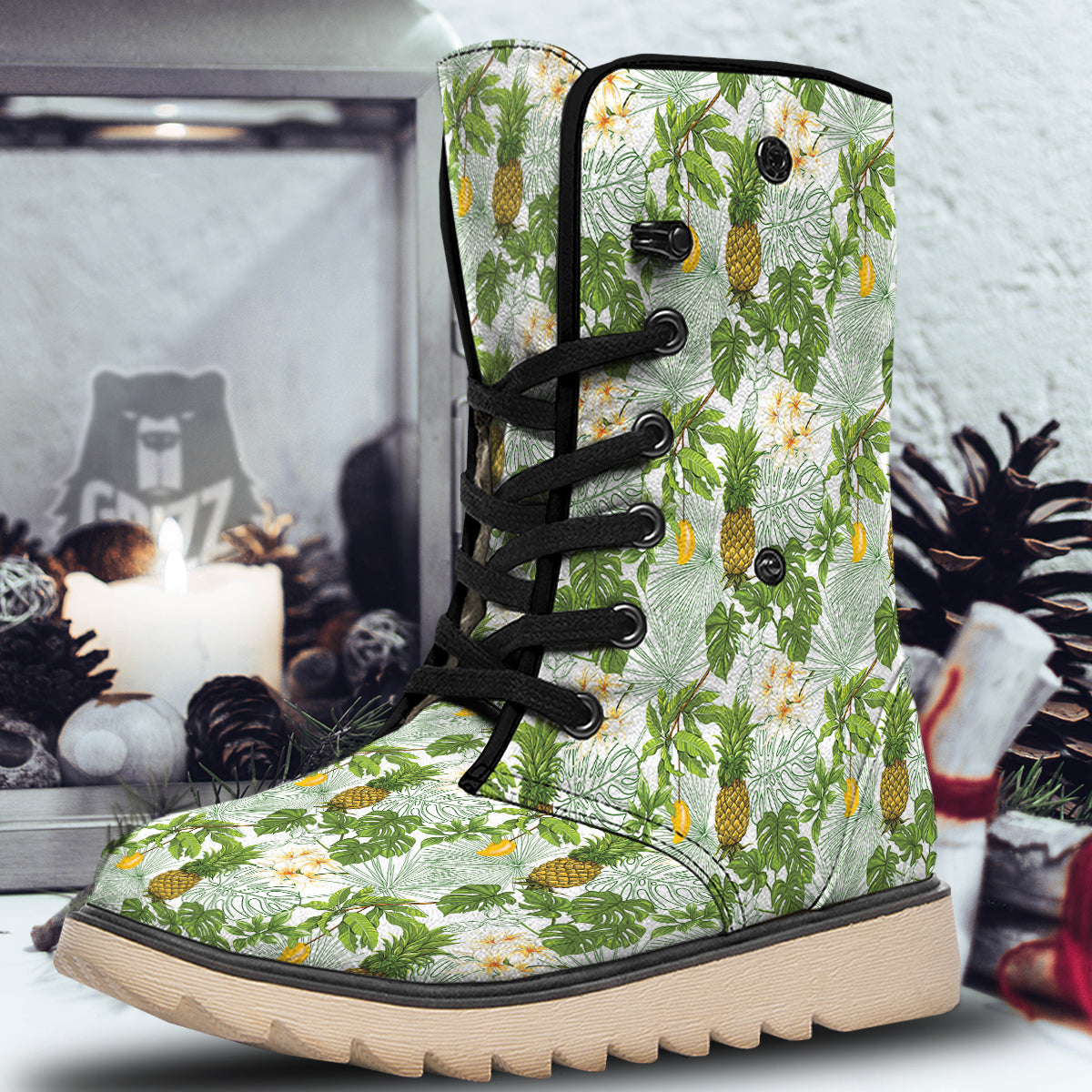 Pineapple Aloha White Print Pattern Snow Boots-grizzshop