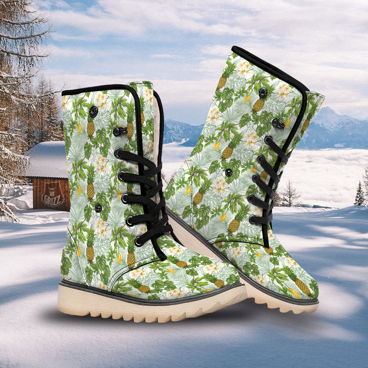 Pineapple Aloha White Print Pattern Snow Boots-grizzshop