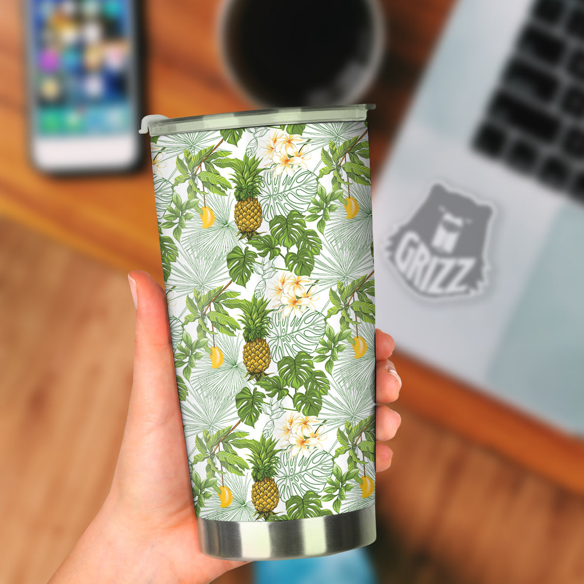 Pineapple Aloha White Print Pattern Tumbler-grizzshop