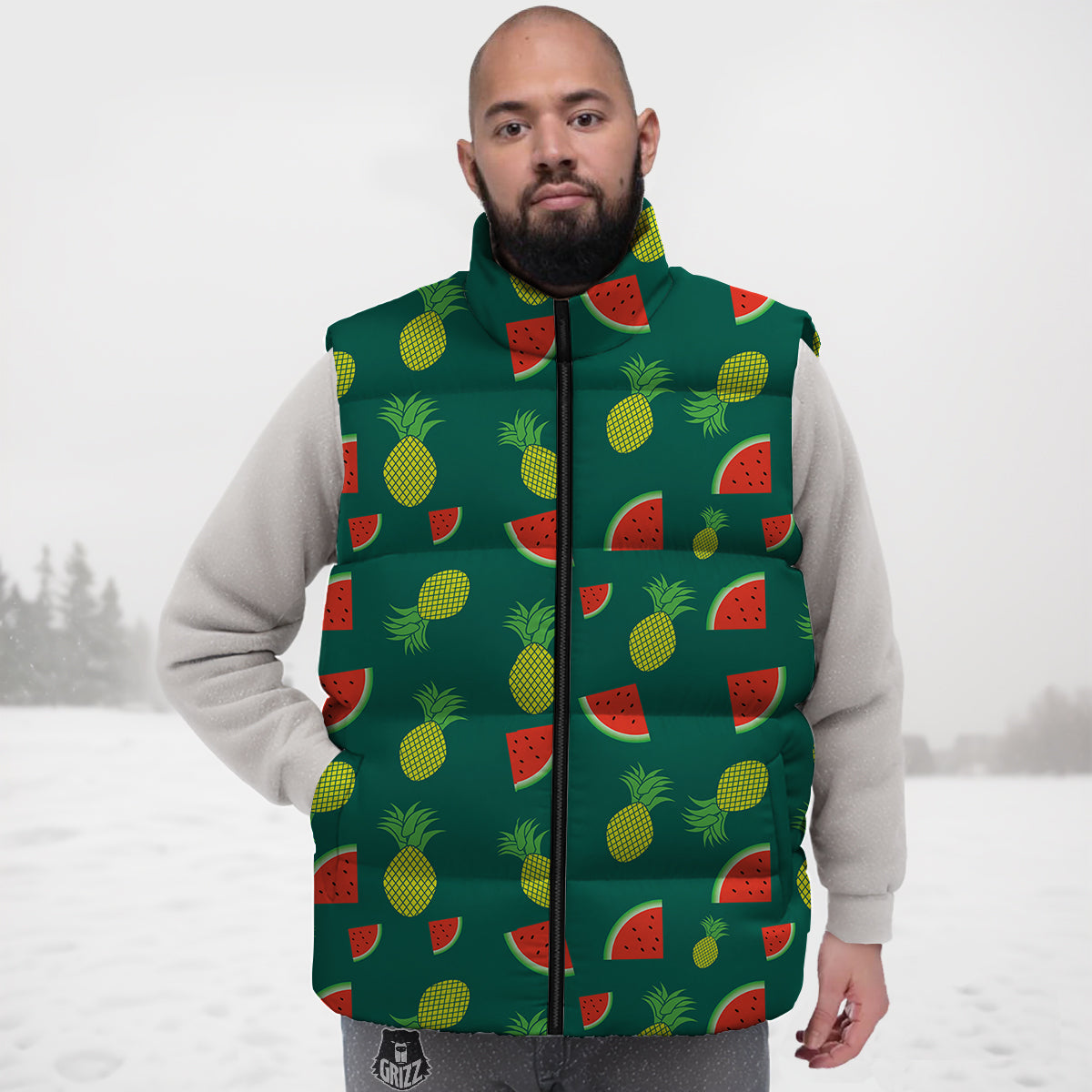 Pineapple And Tropical Watermelon Print Pattern Down Vest-grizzshop