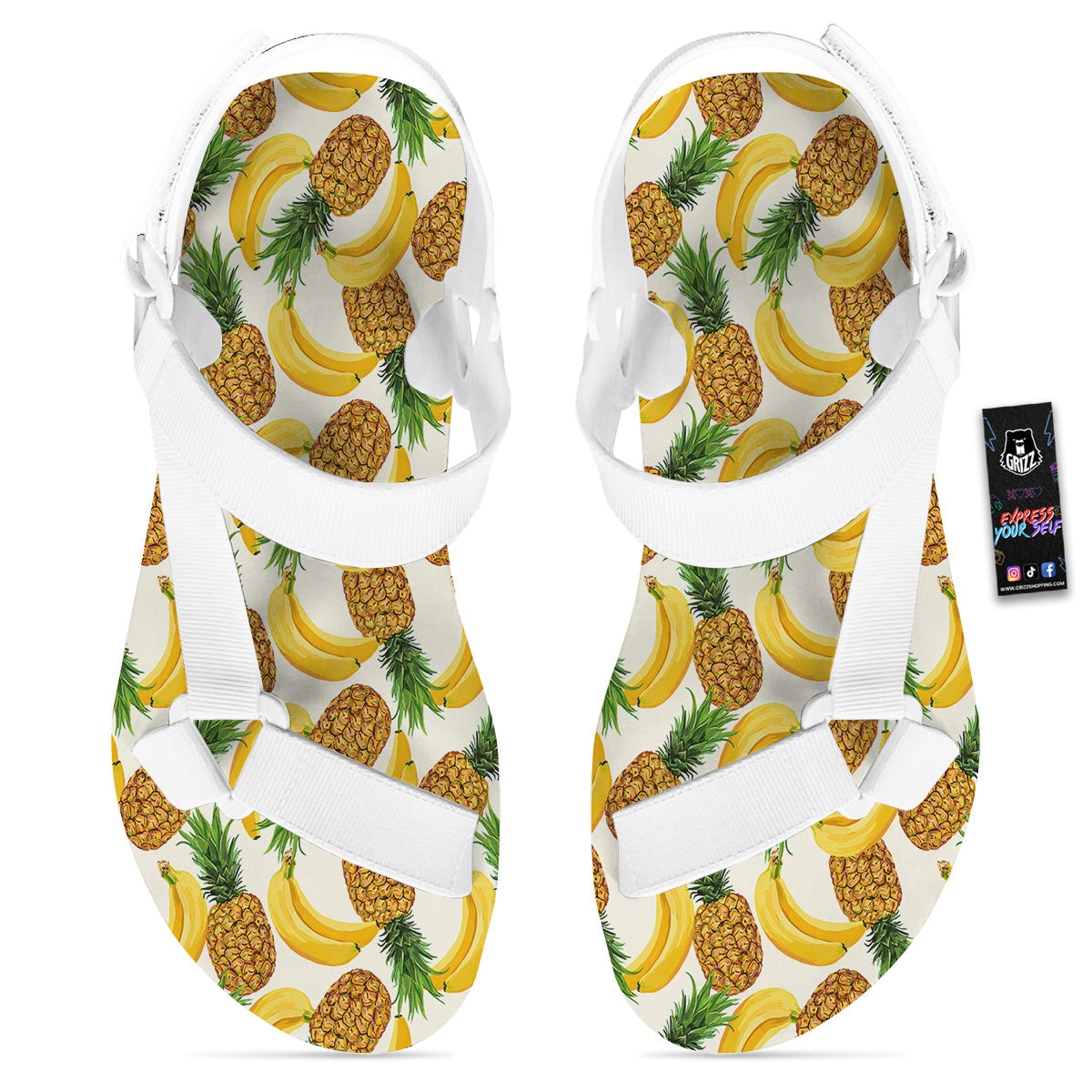Pineapple Banana Print Pattern White Open Toe Sandals-grizzshop