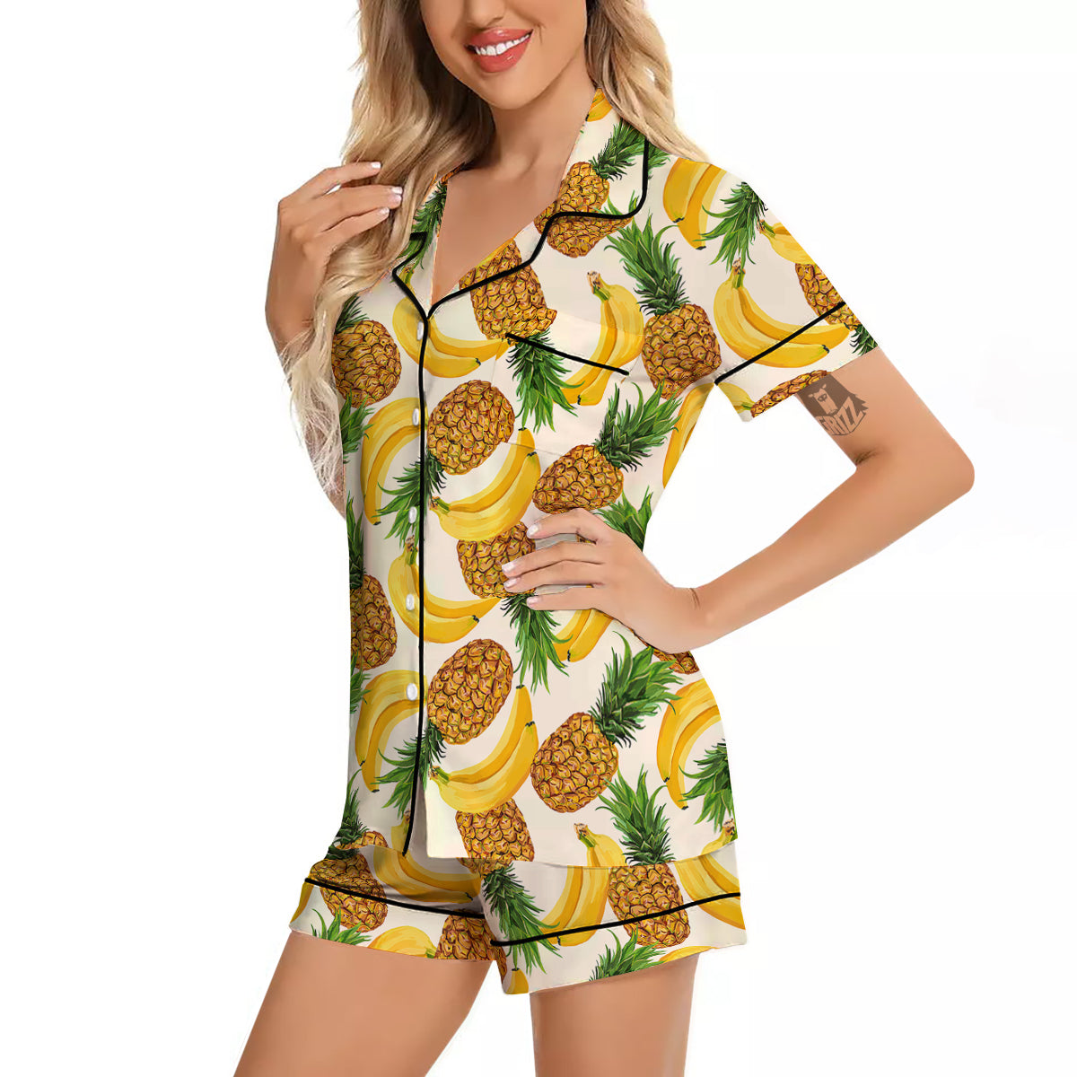 Pineapple Banana Print Pattern Women Silk Pajamas-grizzshop