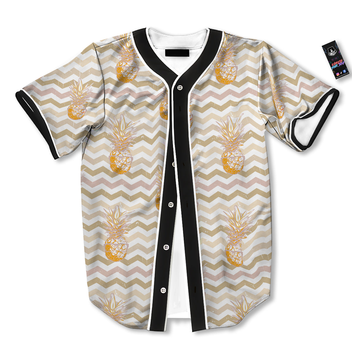 Pineapple Beige Zig Zag Print Pattern Baseball Jersey-grizzshop