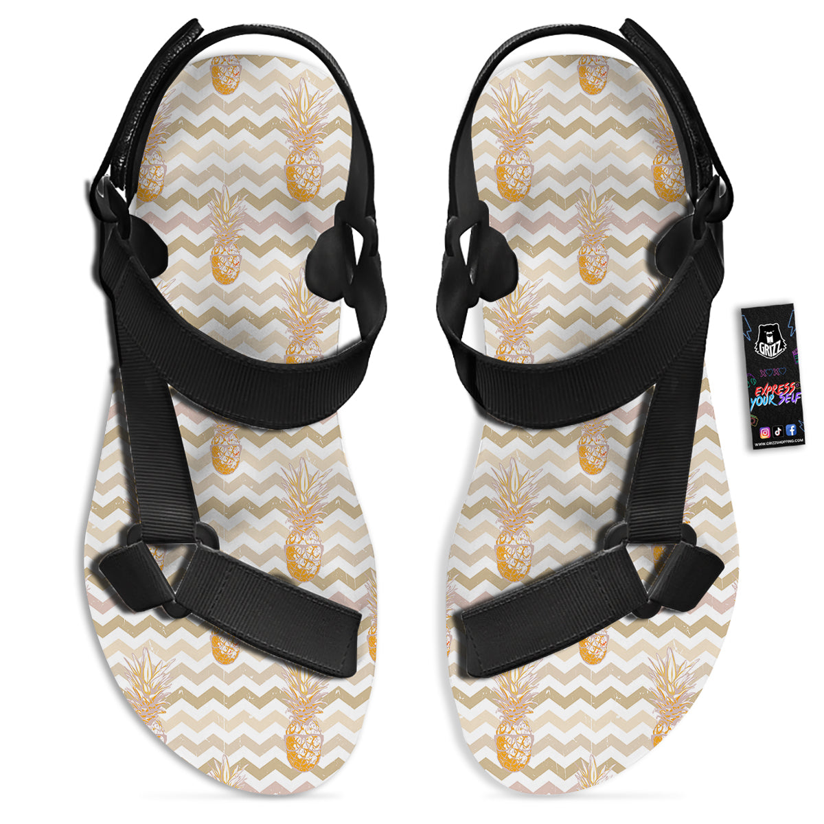 Pineapple Beige Zig Zag Print Pattern Black Open Toe Sandals-grizzshop