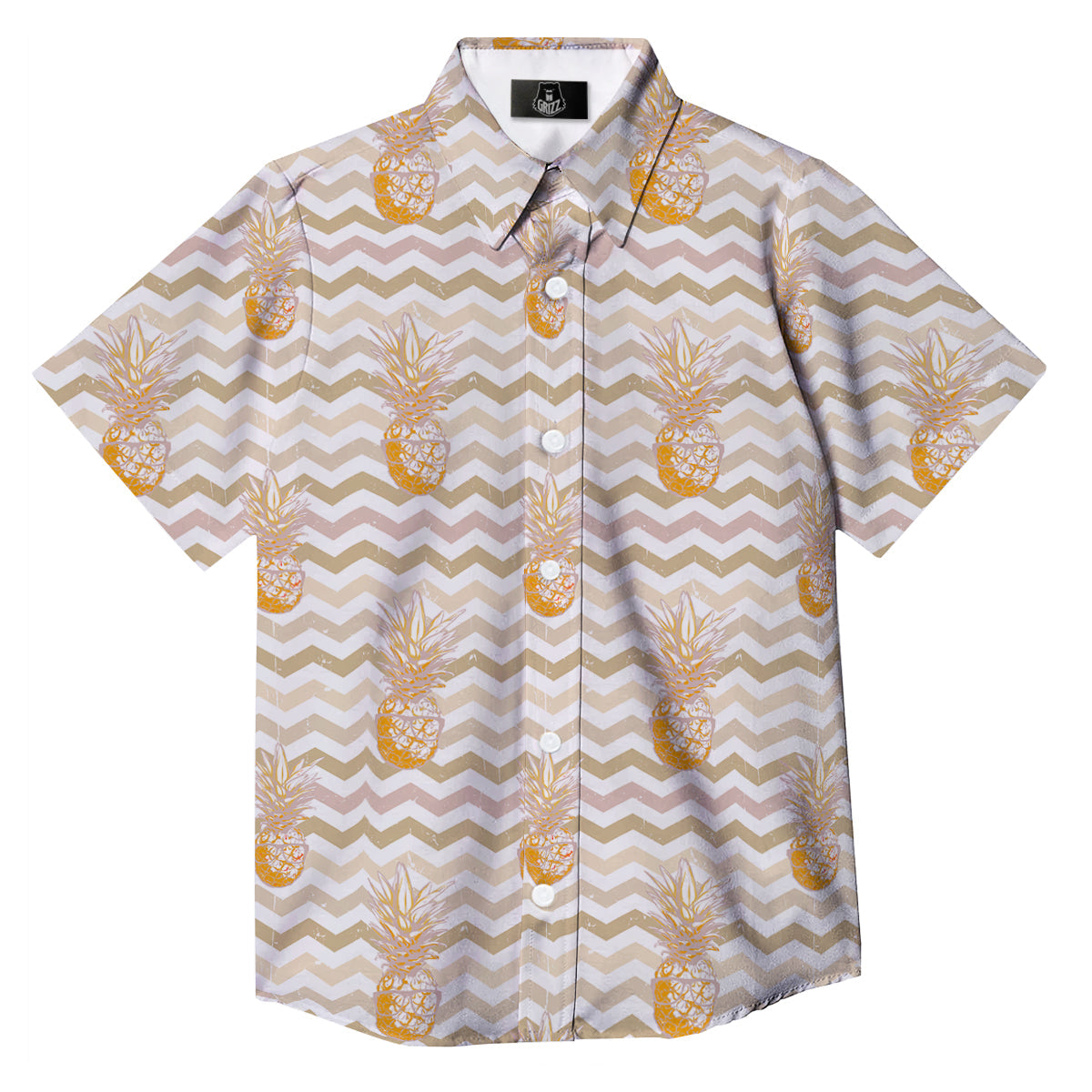 Pineapple Beige Zig Zag Print Pattern Button Up Shirt-grizzshop